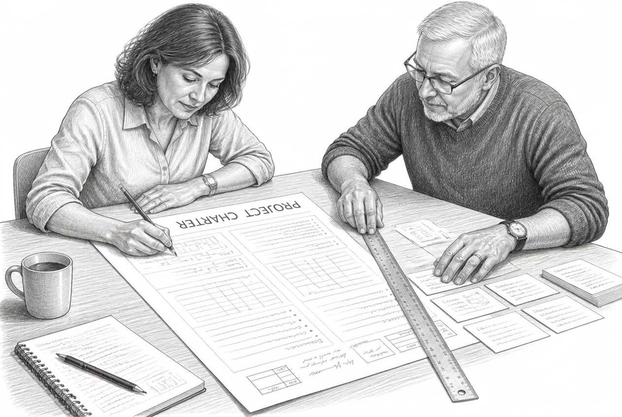 Three colleagues at a table writing and measuring a project charter while arranging notes into ordered rows.