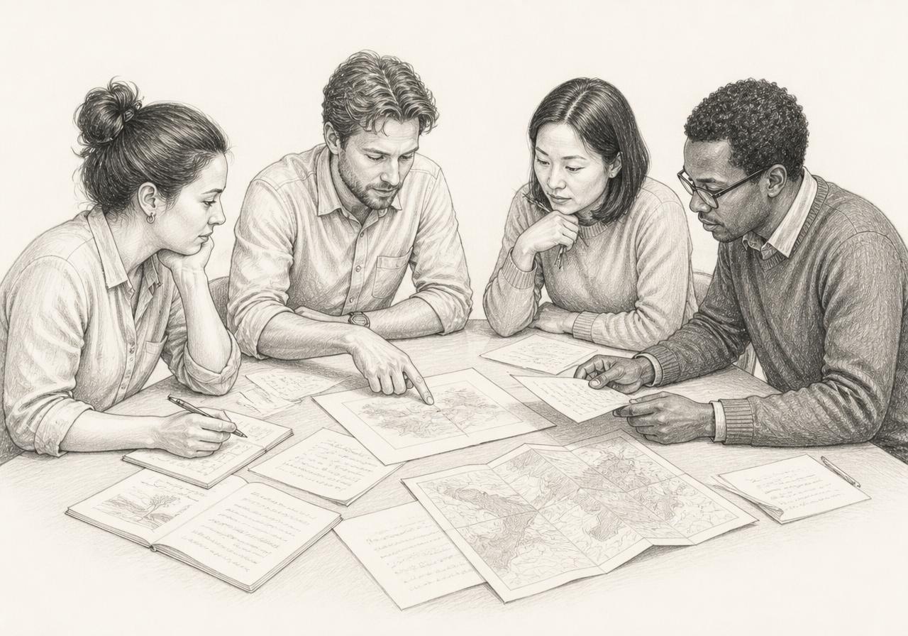 People examining documents and comparing a shared choice.